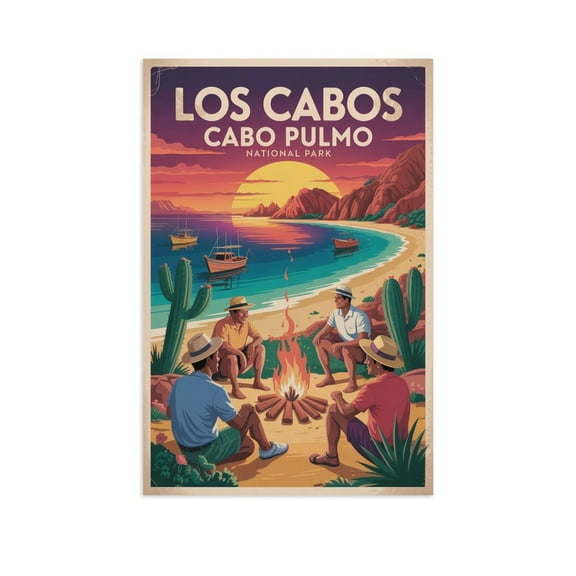 Retro Vintage Travel Poster Wall Art Cabo Pulmo National Park Los Cabos Mexico Sunset Scenic Ocean Coastal Landscape Print Poster