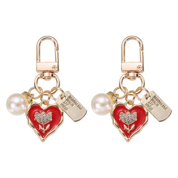 2Pcs Heart Keychain Charm for Women, Metal Cute Heart Tulips & Pearl Purse Bag Charm for Car Keyring (Red/White/Gold)