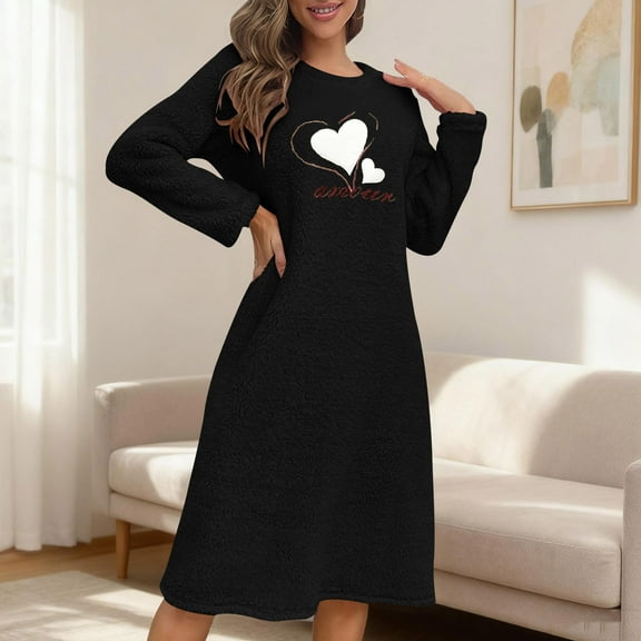 Ounisa Women's Fuzzy Fleece Nightgown Plush Thicken House Coat Casual Long Sleeve Crewneck Sleepwear Flannel Night Dress