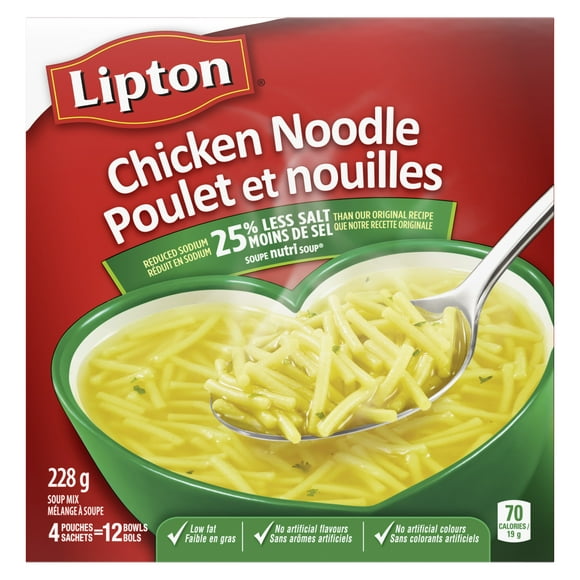 Lipton Chicken Noodle Dry Soup Mix, with 25% less salt than our original recipe, Pack of 4, 228 g