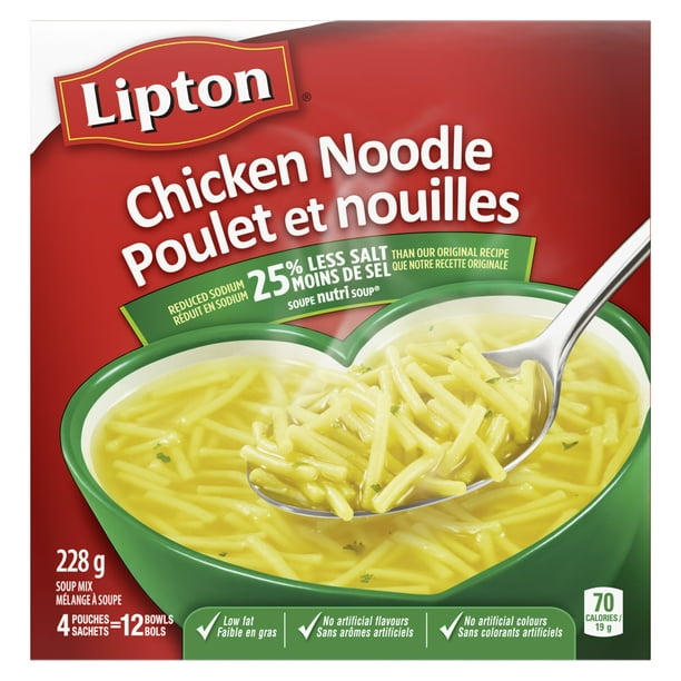 Mélange de Soupe Lipton Poulet et Nouilles, avec 25 % moins de sel que notre recette originale Lot de 4, 228 g