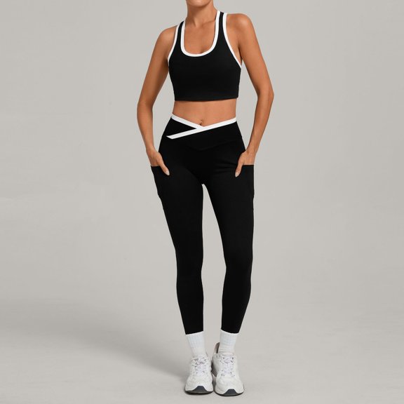 SKQIT 2 Piece Women's Sports Yoga Sets, Sleeveless U Neck Backless Tank Top and High Waist Crossover Leggings With Pockets Gym Pilates Outfits Set