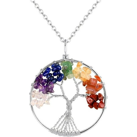 [Clearance] Colorful Crystal Pendant Necklaces for Women Fashion Stainless Steel Tree of Life Necklace Jewelry Gift on Clearance