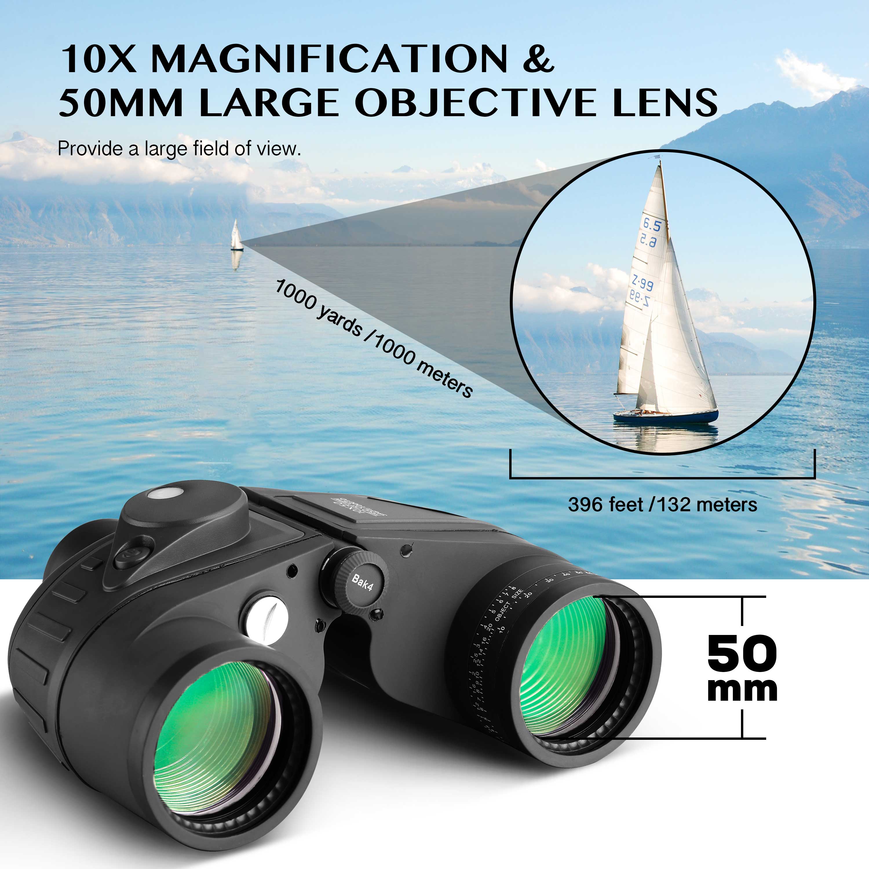10x50 Binoculars HD High Power Binoculars FMC Lens for Adults Marine Military with Rangefinder Compass BAK4 Prism