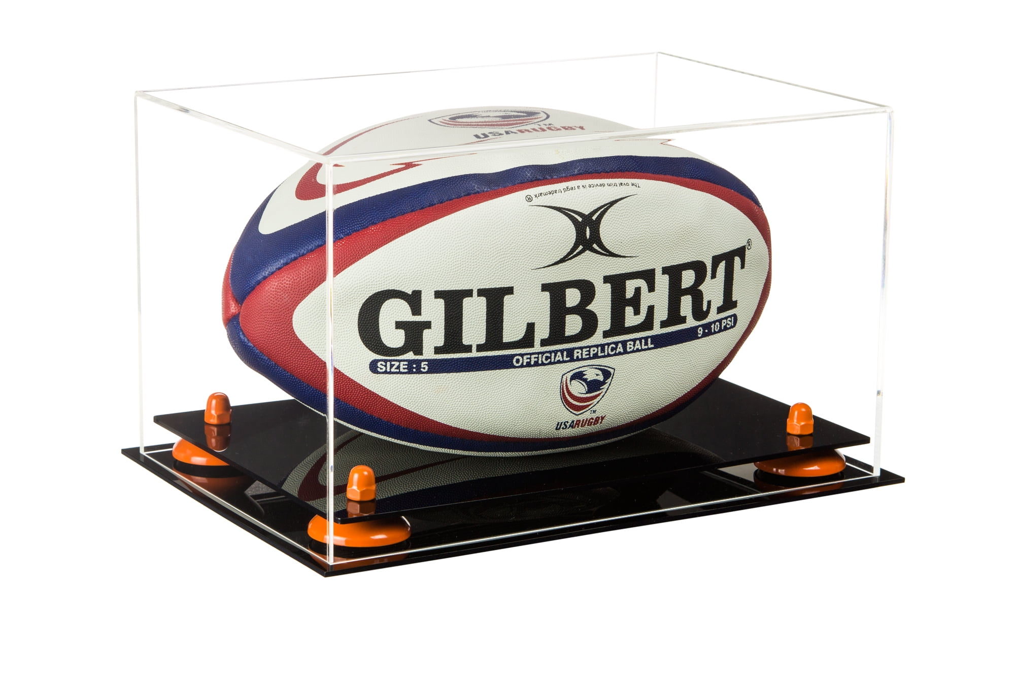 Deluxe Clear Acrylic Rugby Ball Display Case with Orange Risers (A004