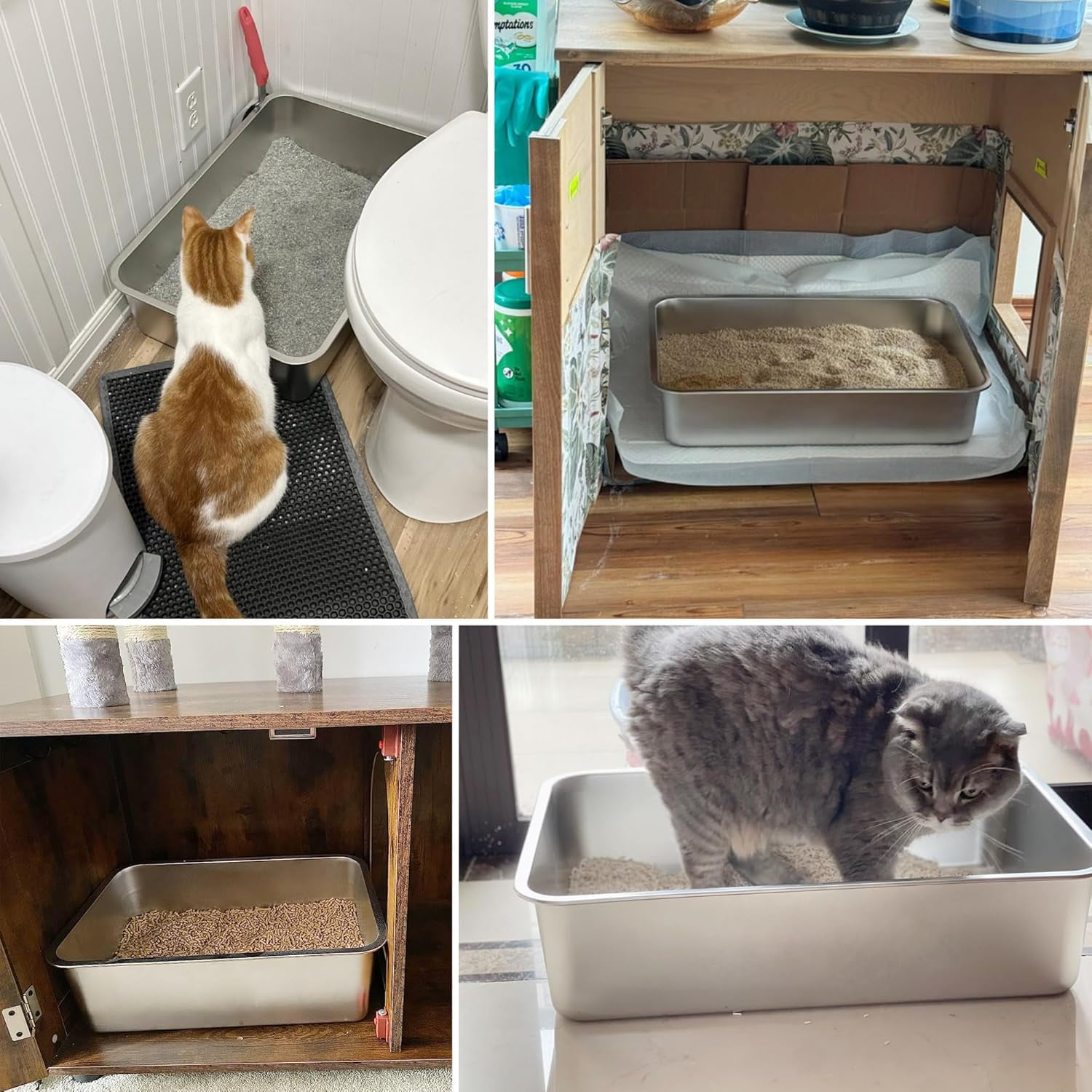 Stainless Steel Cat Litter Box, Large Pan 23.6“x15.7"x14" Metal Open-Top Large Kitten Litter Tray with Cover, Step, Scoop, Non-Stick Easy Cleaning, Gray