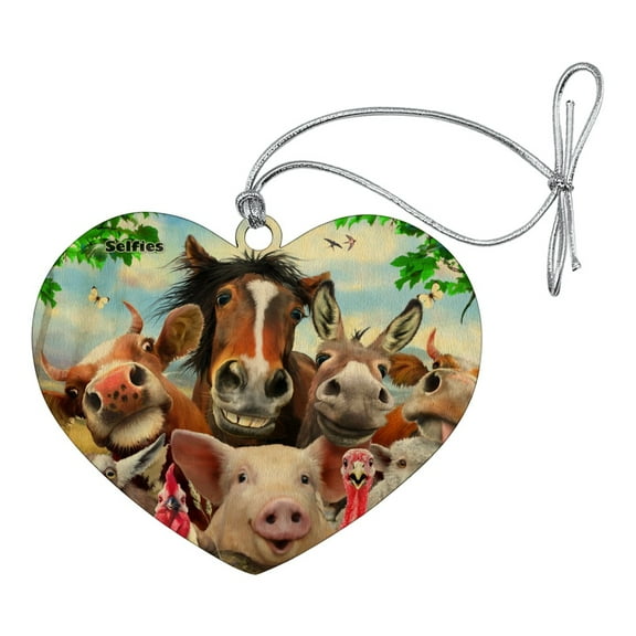 Farm Selfie Horse Pig Chicken Donkey Cow Sheep Heart Love Wood Christmas Tree Holiday Ornament
