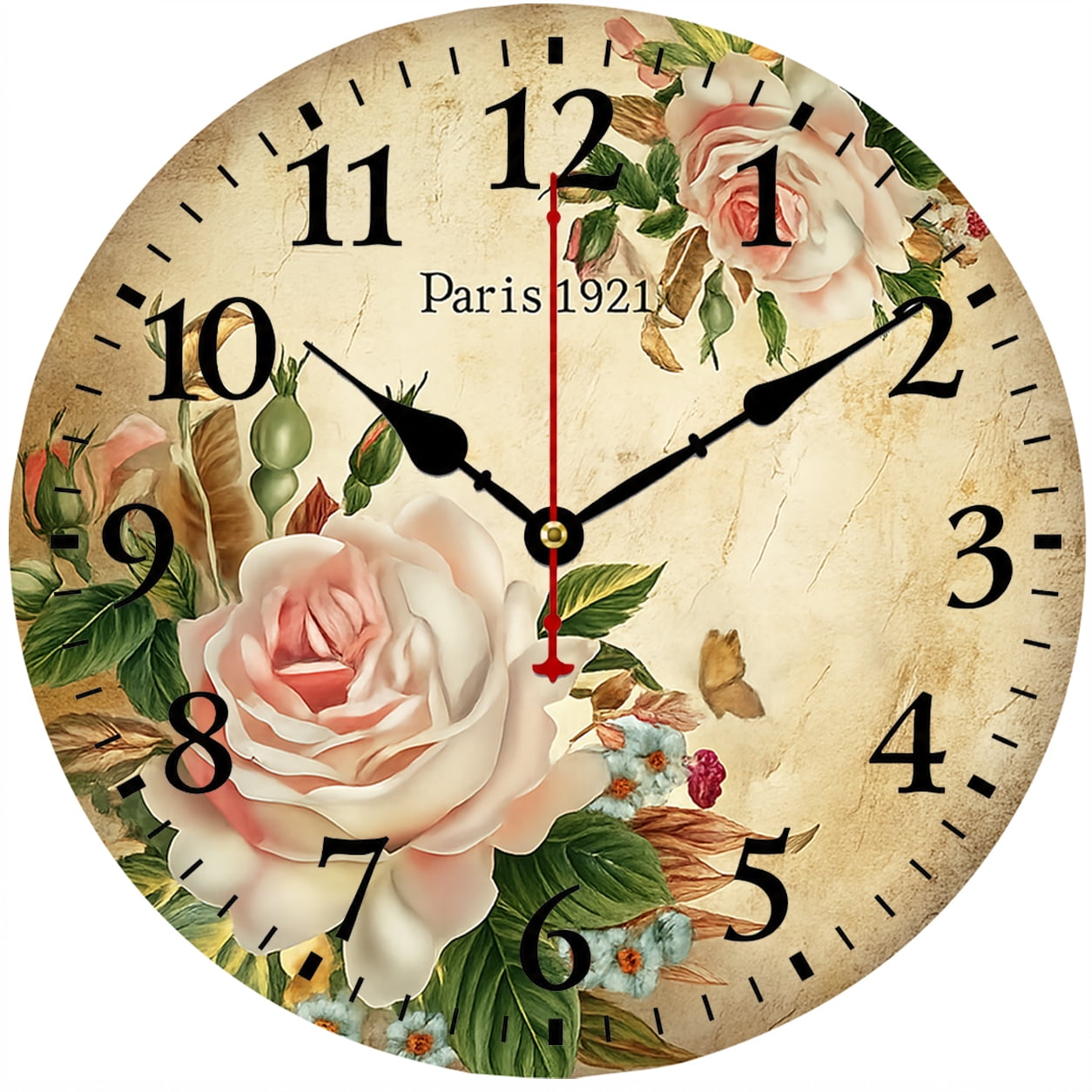 9 . 84 Inch Vintage Rose Wall Clock, Paris Floral Battery Operated Analog Clock with Large Numbers