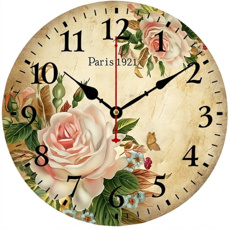 9.84 Inch Vintage Rose Wall Clock, Paris Floral Battery Operated Analog Clock with Large Numbers, French Country Farmhouse Decor for Living Room Bedroom Kitchen