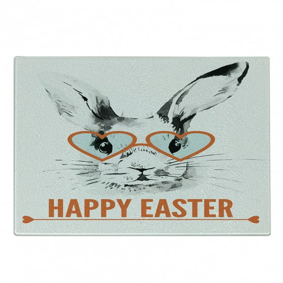 Happy Easter Cutting Board, Watercolor Bunny and Heart Shapes Glasses, Decorative Tempered Glass Cutting and Serving Board, in 3 Sizes, by Ambesonne