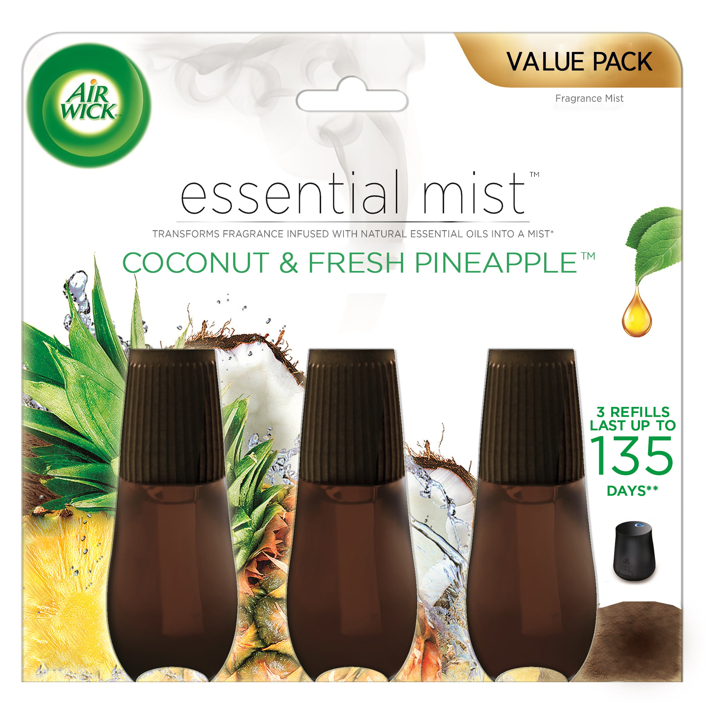 Air Wick Essential Mist Refill, 3 ct, Coconut and Pineapple, Essential Oils Diffuser, Air Freshener