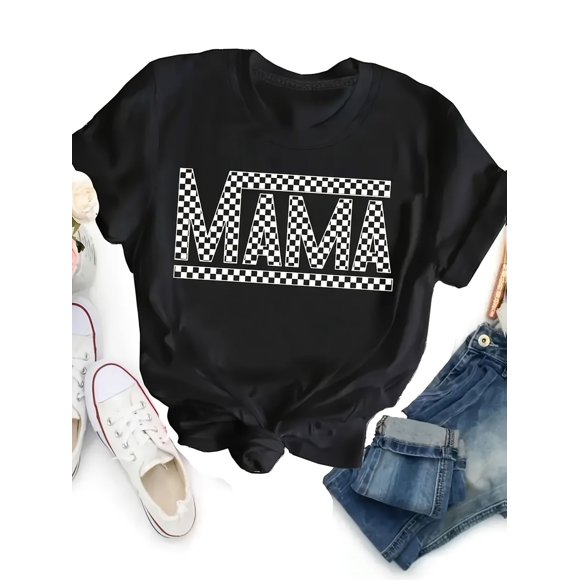 Checkered MAMA Geometric Print Black White Casual Crew Neck T-Shirt G220, up to Size 5XL
