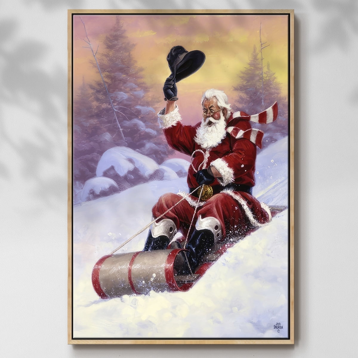 Here Comes Santa - Framed Gallery Wrapped Holiday Canvas - 17 x 25 - Natural Wood Frame