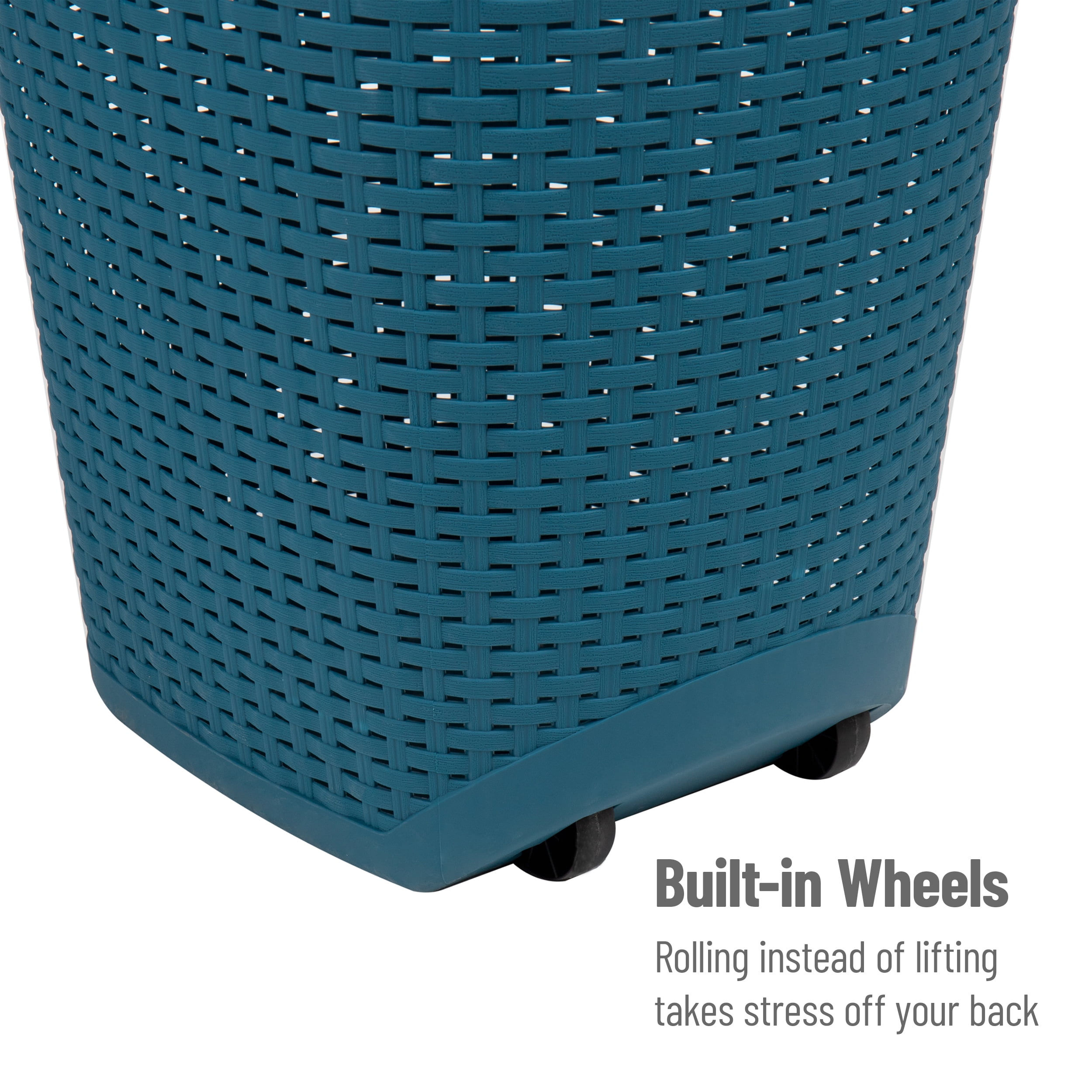 Mind Reader 60L Rolling Laundry Hamper, Clothes Basket, Lid, Wheels, Wicker Style, Plastic, 19.5"L x 14.75"W x 29.25"H, Blue