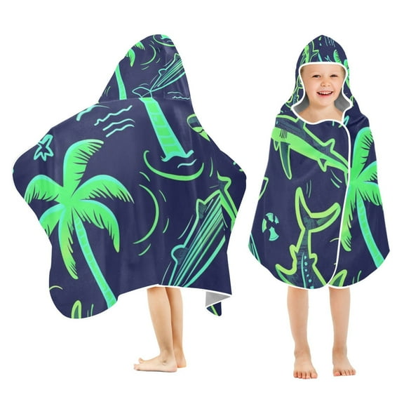 Palm Tree and Shark Kids Hooded Beach Towel Baby Bath Poncho Towels with Hood Absorbent 50"x23.5" for Pool Swimming