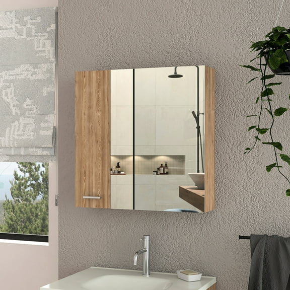 Style Bathroom Storage Cabinet, Mirror, Double Door, 4 Shelf Spots Units