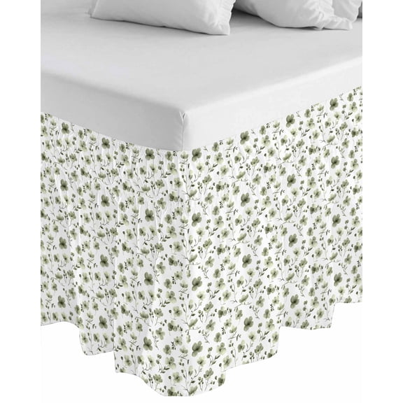 Sage Green Spring Floral Wrap Around Bed Skirts for Queen Bed 16" Drop,Bed Skirt with Adjustable Elastic Belt Dust Ruffle Bed Valance for Bedroom Hotel Luxury Summer Botanical Elegant Bed Frame Cover