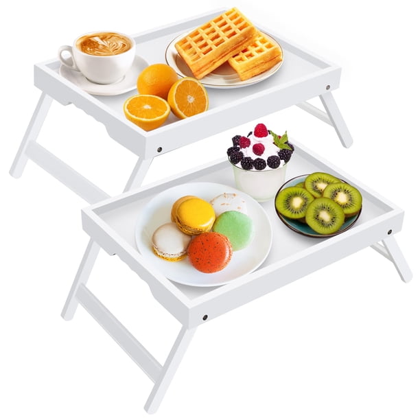 Mesa Bandeja para Cama Artmeer con Patas Plegables de Bambú Blanca Paquete de 2