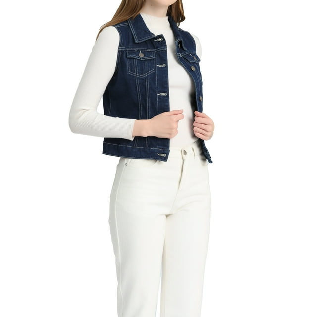 INSPIRE CHIC Women's Washed Denim Button Sleeveless Vest Jacket with Pockets S Navy Blue