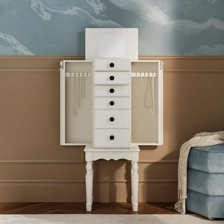 Linon Esther Wood Jewelry Armoire, Off White, Mirror, Felt Lining