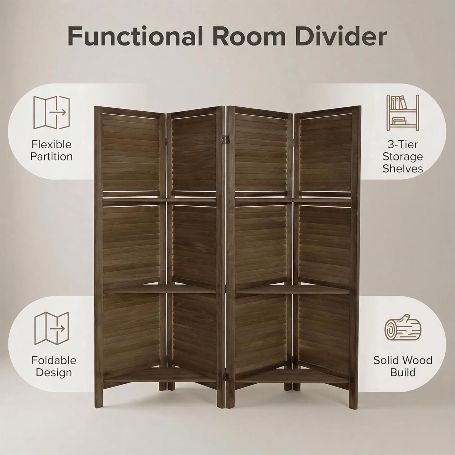 4 Panel Bamboo Room Divider with Shelves, Lightweight Privacy Screen for Bedroom Home Office, No Assembly Required
