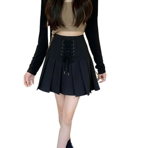YM YOUMU Women Pleated Short Skirt Lace-up High Waist A-line Solid Color