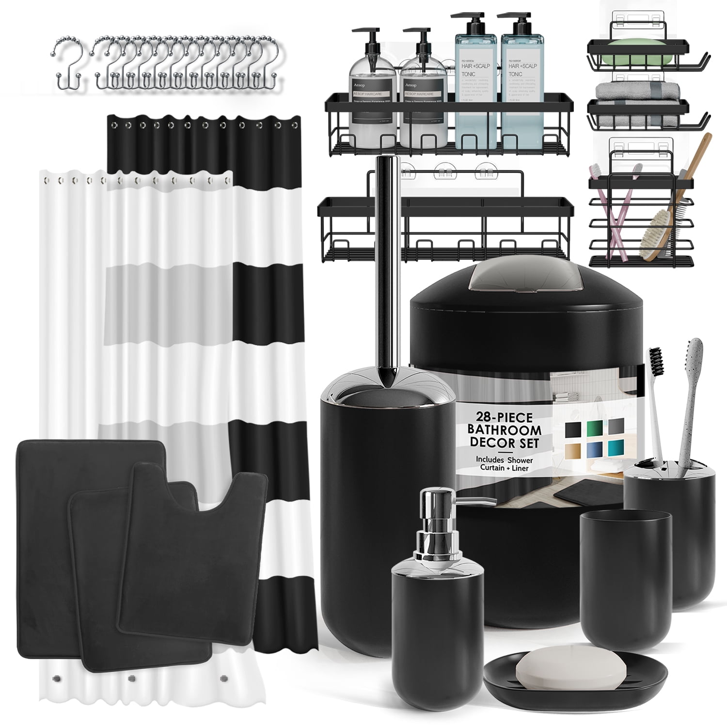 Lammaloe Black Bathroom Accessories & Shower Caddy Set with Curtain Rugs & More