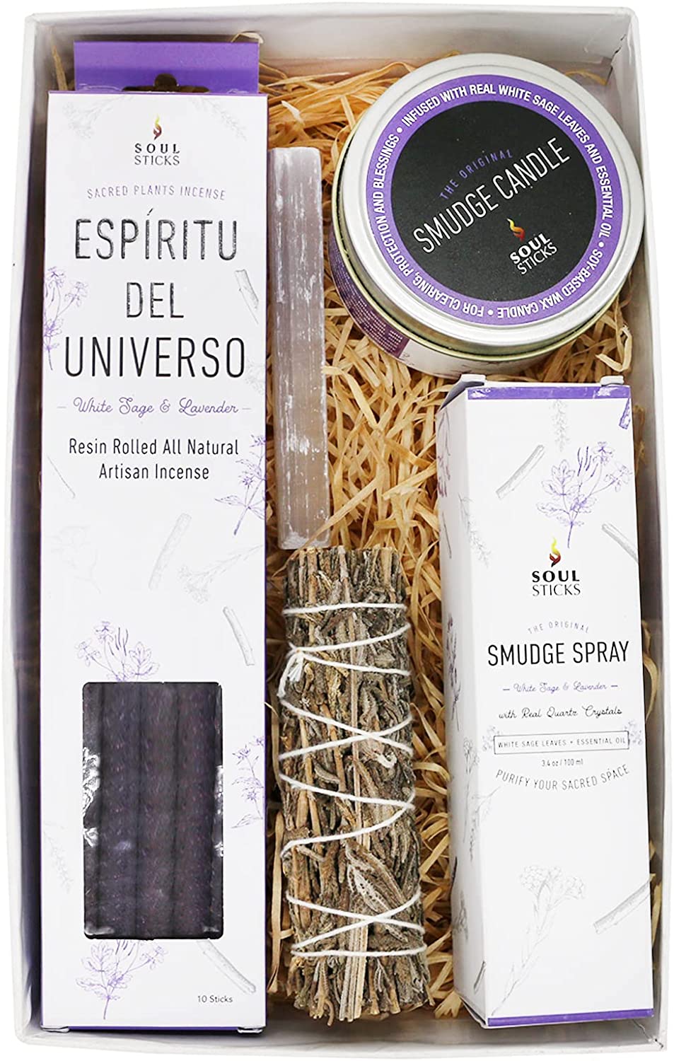 Soul Sticks Shaman's Kit Palo Santo Gift Set with Espiritu Incense Sticks,  Sage Smudge Stick, Smudge Candle, Smudge Spray, 4 Selenite Wand in White  Gift Box 