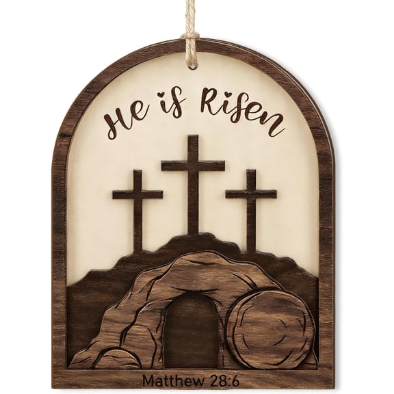 WaaHome He is Risen Wooden Ornament - Easter Hanging Decor Religious Resurrection Scene with Empty Tomb & Three Crosses Matthew 28:6 Sacred Christian Gift for Home Church Easter Tree Decoration