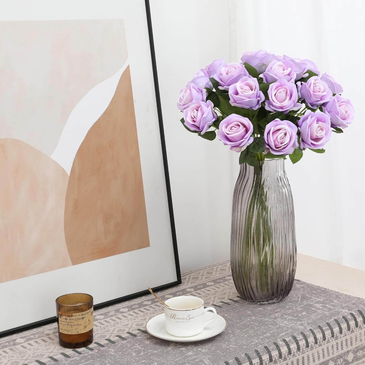 Fake Roses Artificial Silk Flowers - Purple Roses Artificial Faux Flowers with Stems for Home Wedding Centerpiece Hotel Office Decor