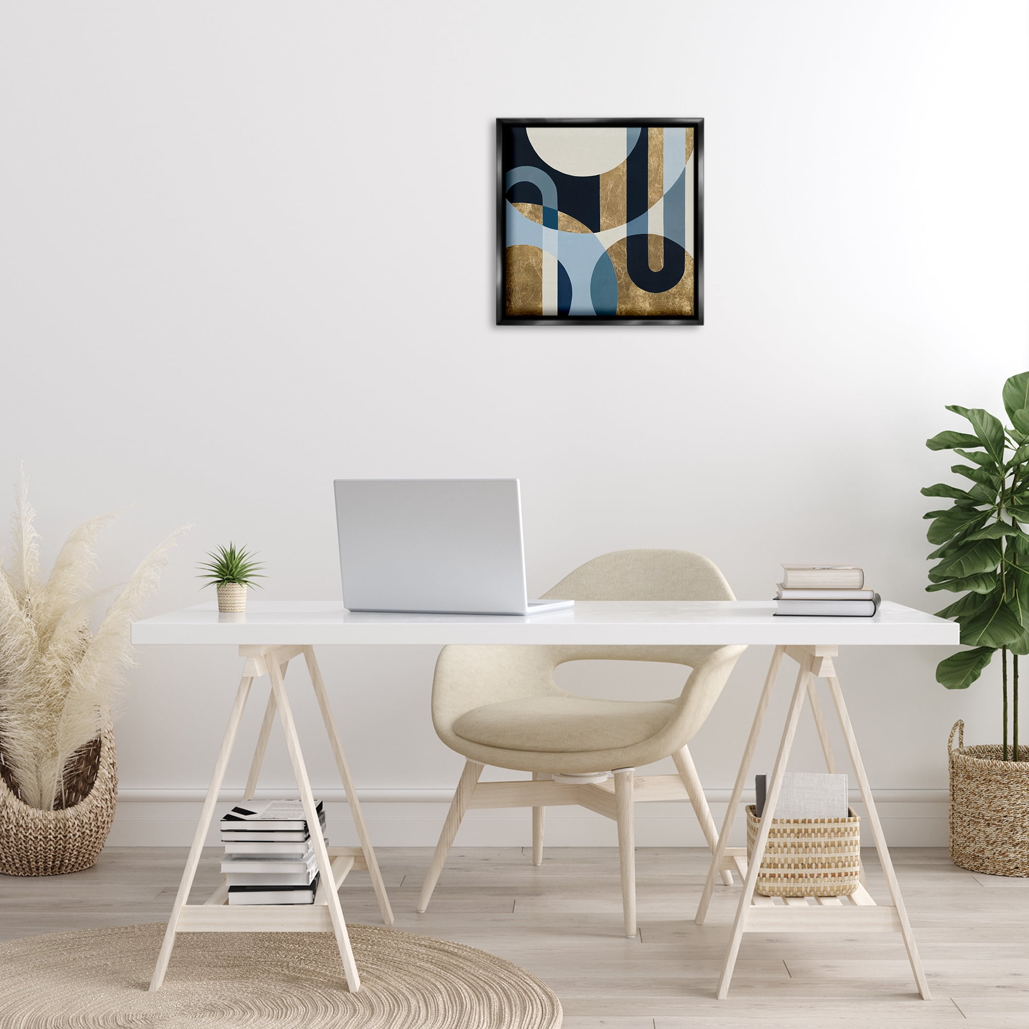 Stupell Industries Gold & Blue Circular Shapes Abstract Painting Black Floater Framed Canvas Art Print Wall Art, 18 x 18