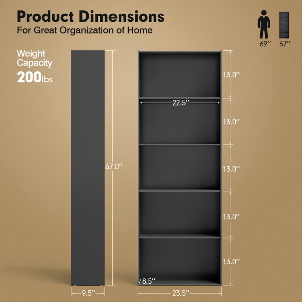 Spaco 5-Shelf Storage Bookcase Modern Multi-Functional Display Cabinet Furniture-Black, Tall Bookshelf, Shelves for Living Room, Home Office, Bedroom, Balcony