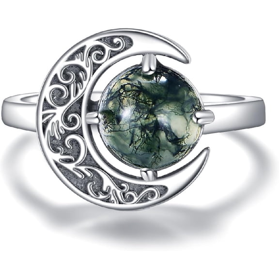 XATENJE Moss Agate Ring 925 Sterling Silver Moon Rings Moss Agate Jewelry Gifts for Women