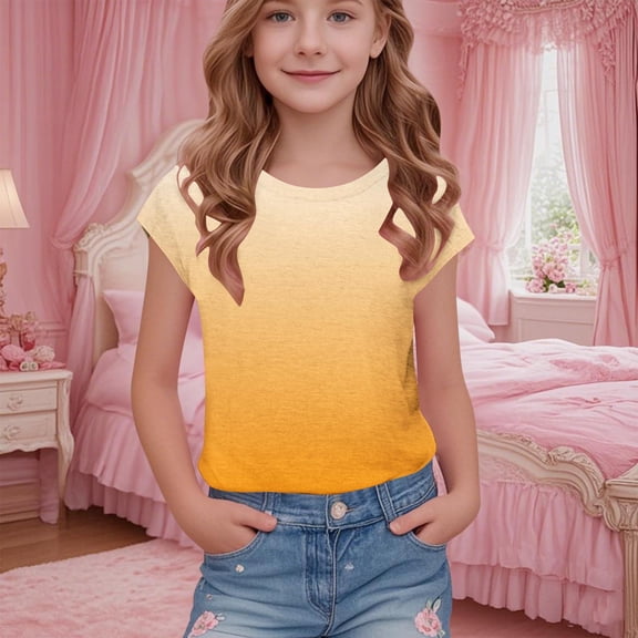 Vmvidoty Girls Tops Casual Short Sleeve V Neck Summer T Shirts Fashion Spring Clothes 5-15 Years Yellow 7 Years