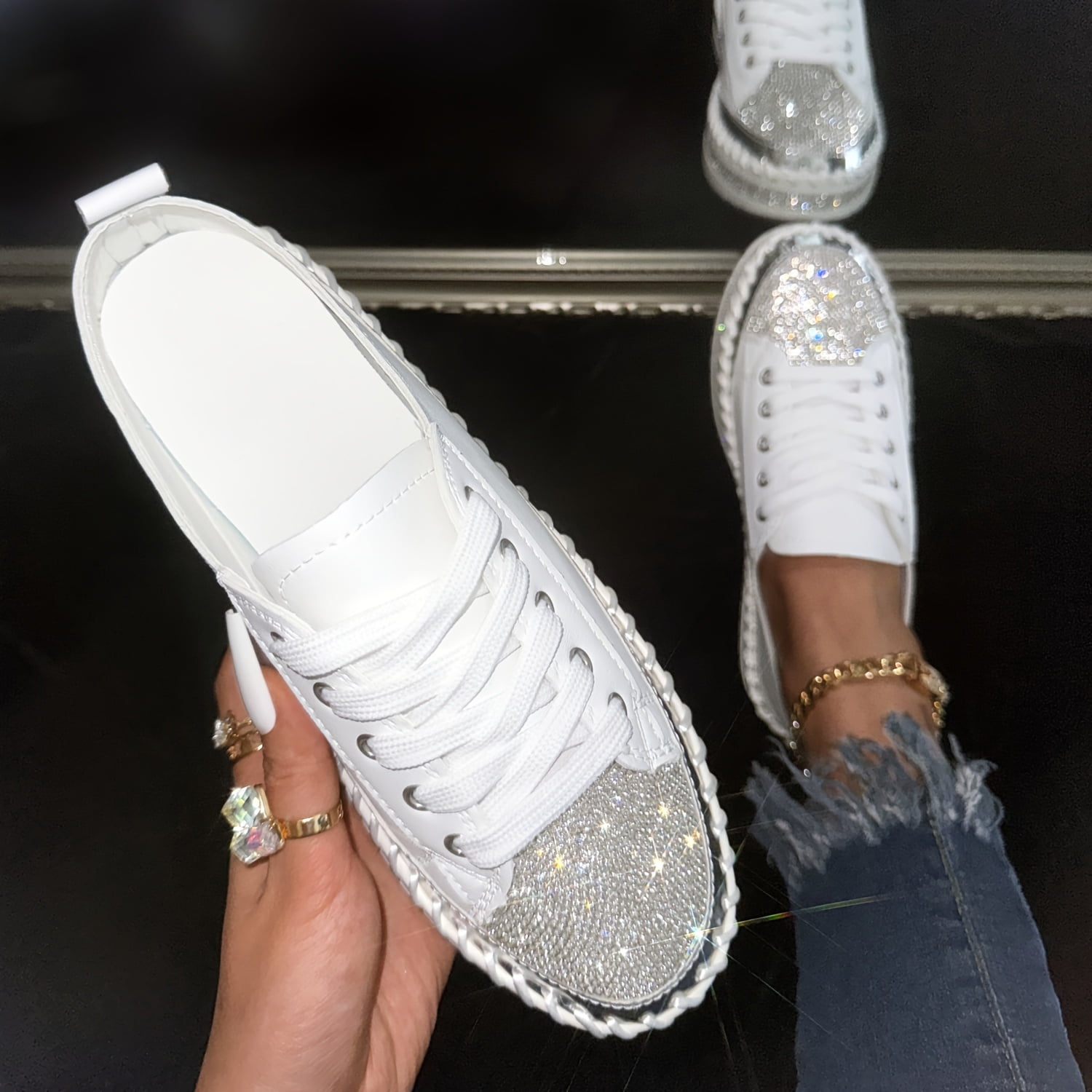 Women s Rhinestone Flat Sneakers Round Toe Lace Up Low Top Skate Shoes All Match Outdoor Trainers Walmart