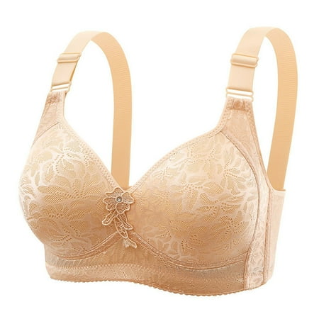 JSGEK Soft Regular Fit Plus Size Bra Wirefree Comfort Breathable without Steel Ring Gathering Bra Sexy Plunge Beige 46BC Bra for Ladies