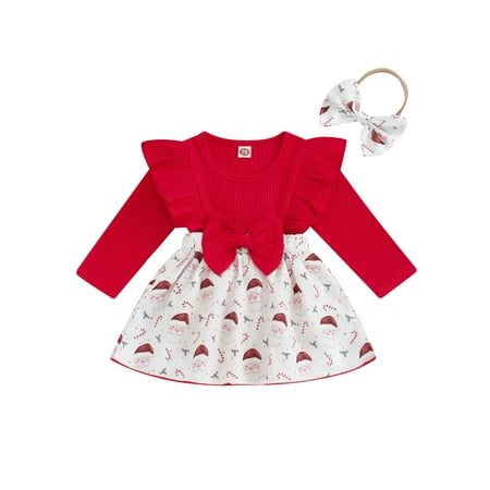 

MIPREWUY Baby Girls Rompers Dress Christmas Clothes Santa Print Skirt Hem Round Neck Long Sleeve Toddler Fall Bodysuits with Headband