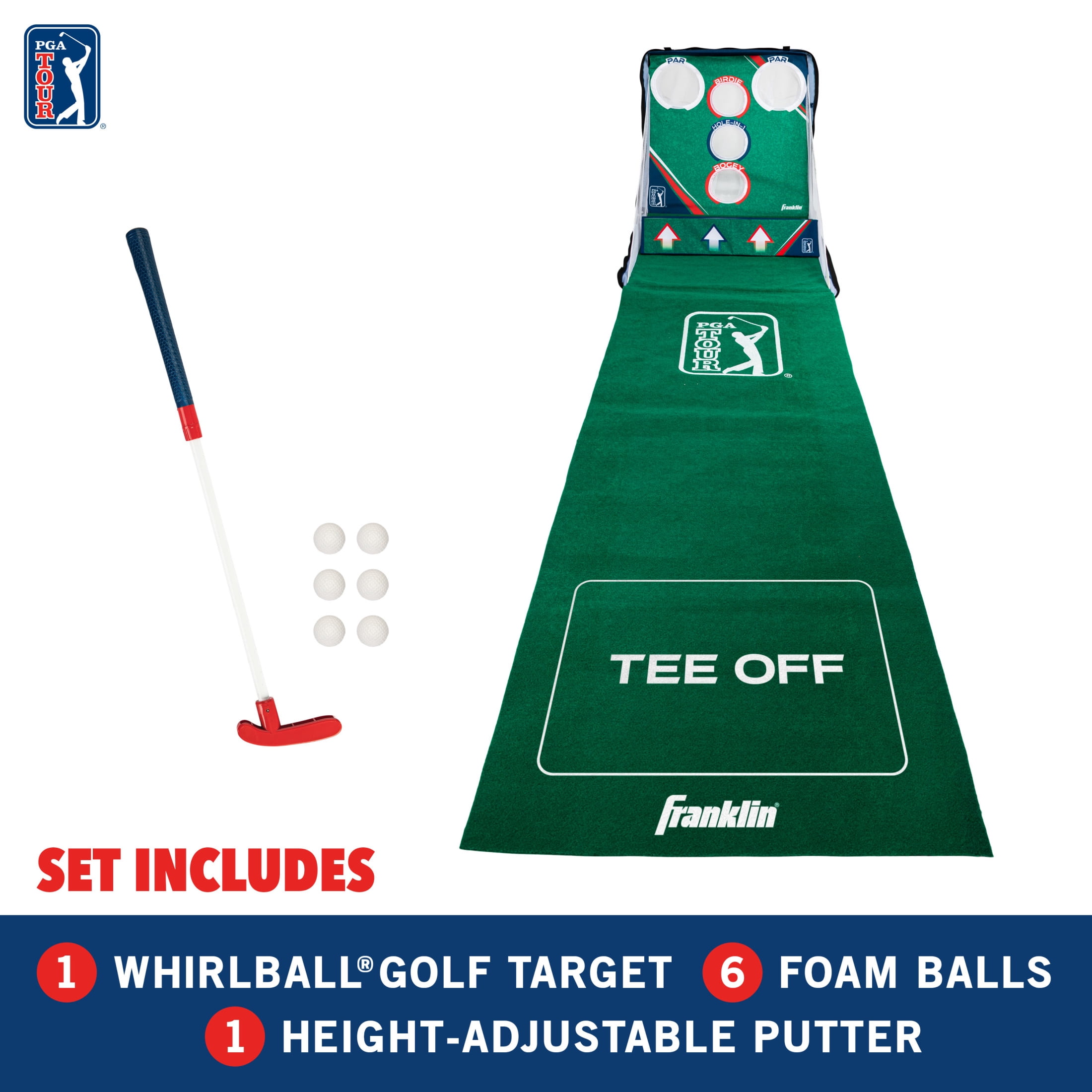 Franklin Sports Putting Green Game - PGA Whirlball Golf - Whirlball Target with Putting Matt - Height Adjustable Putter & 6 Foam Balls - Fun for Adults & Kids