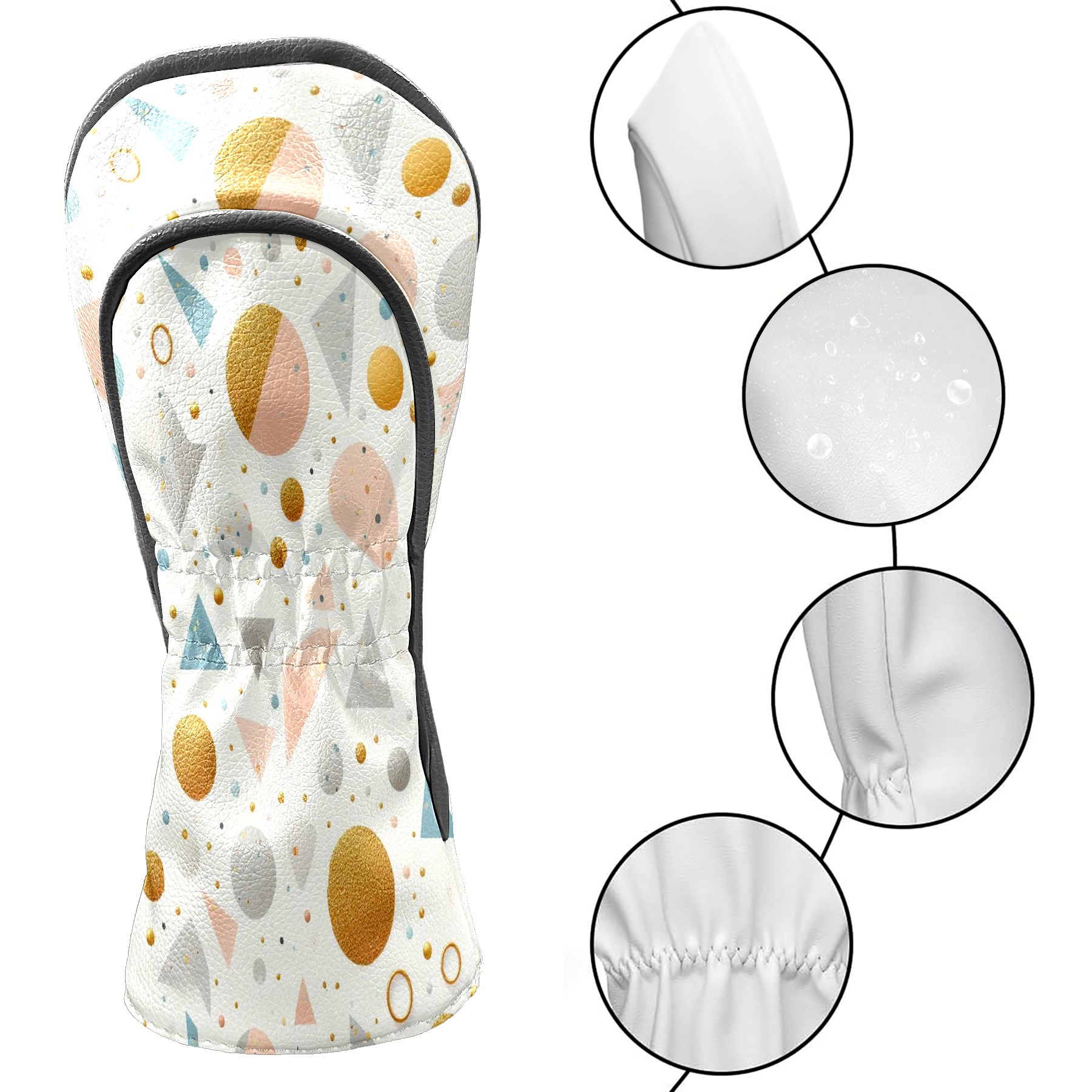 Golf Club Covers, White Gold Geometry Premium PU Leather Driver Hybrid Putter Head Covers with Velvet Lining, Waterproof Golf Gifts for Men Women