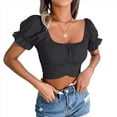thumbnail image 3 of Blusa Informal de Verano con Cuello Cuadrado, Mangas y Hombros Descubiertos para Mujer, con Volantes y Lazo en la Espalda. Negro S, 3 of 10