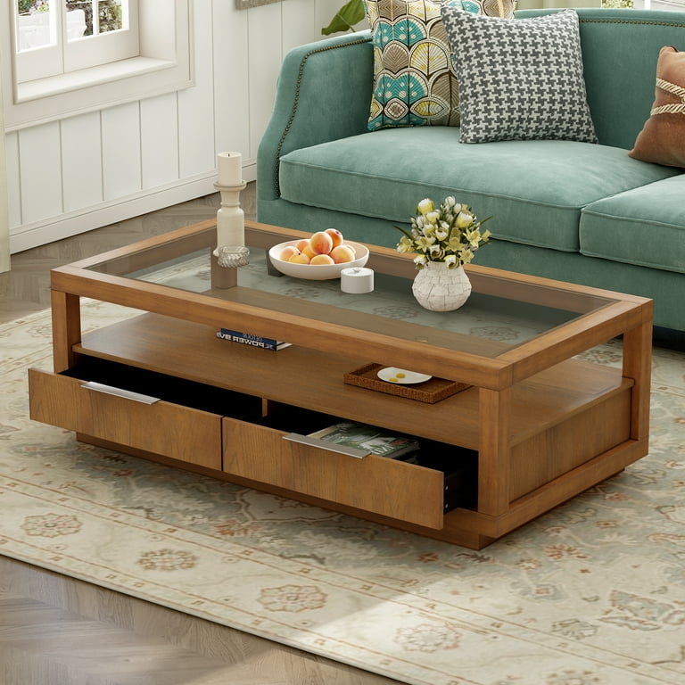 Dtwnek Modern Tempered Glass Top Display Coffee Table with 2 Drawers Wood Tea Table for Living Room Office Brown