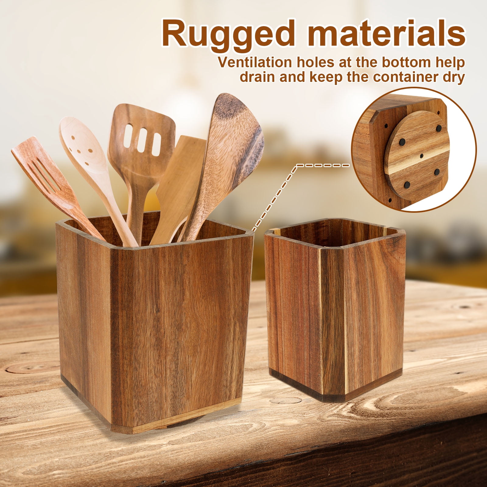 2Pcs Wood Utensil Holder 360° Rotating Acacia Utensil Crock Multipurpose Cooking Spoon Spatula Organizer Kitchen Tool Storage for Countertop