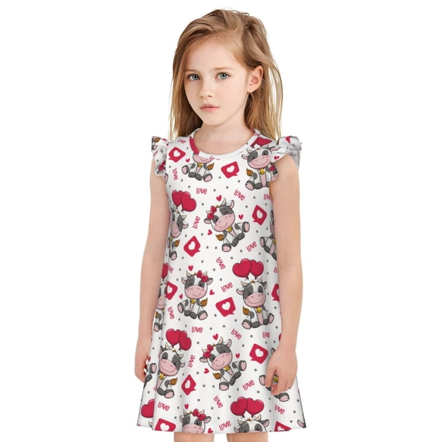 Fotbe Caring Cow Vestido de Dormir para Niñas de 3 a 10 Años, Mangas Cortas, Estilo Princesa, Pijama Camisón con Mangas Voladas-X-Large