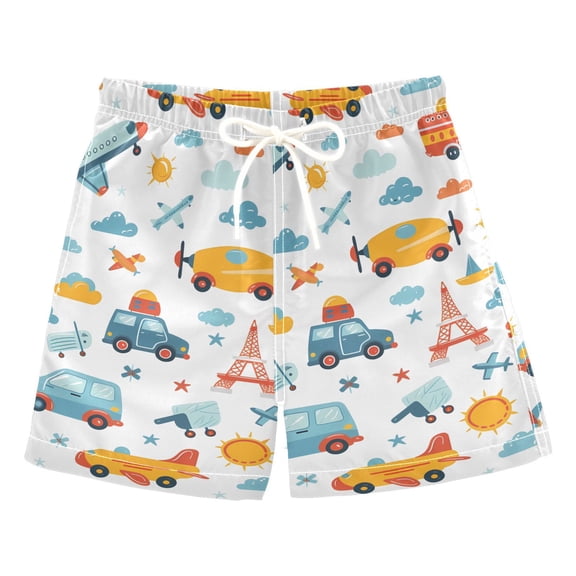 joogoo Boys Swim Trunks Cartoon Aircraft and Vehicles Beach Board Shorts Drawstring Swimsuit XS