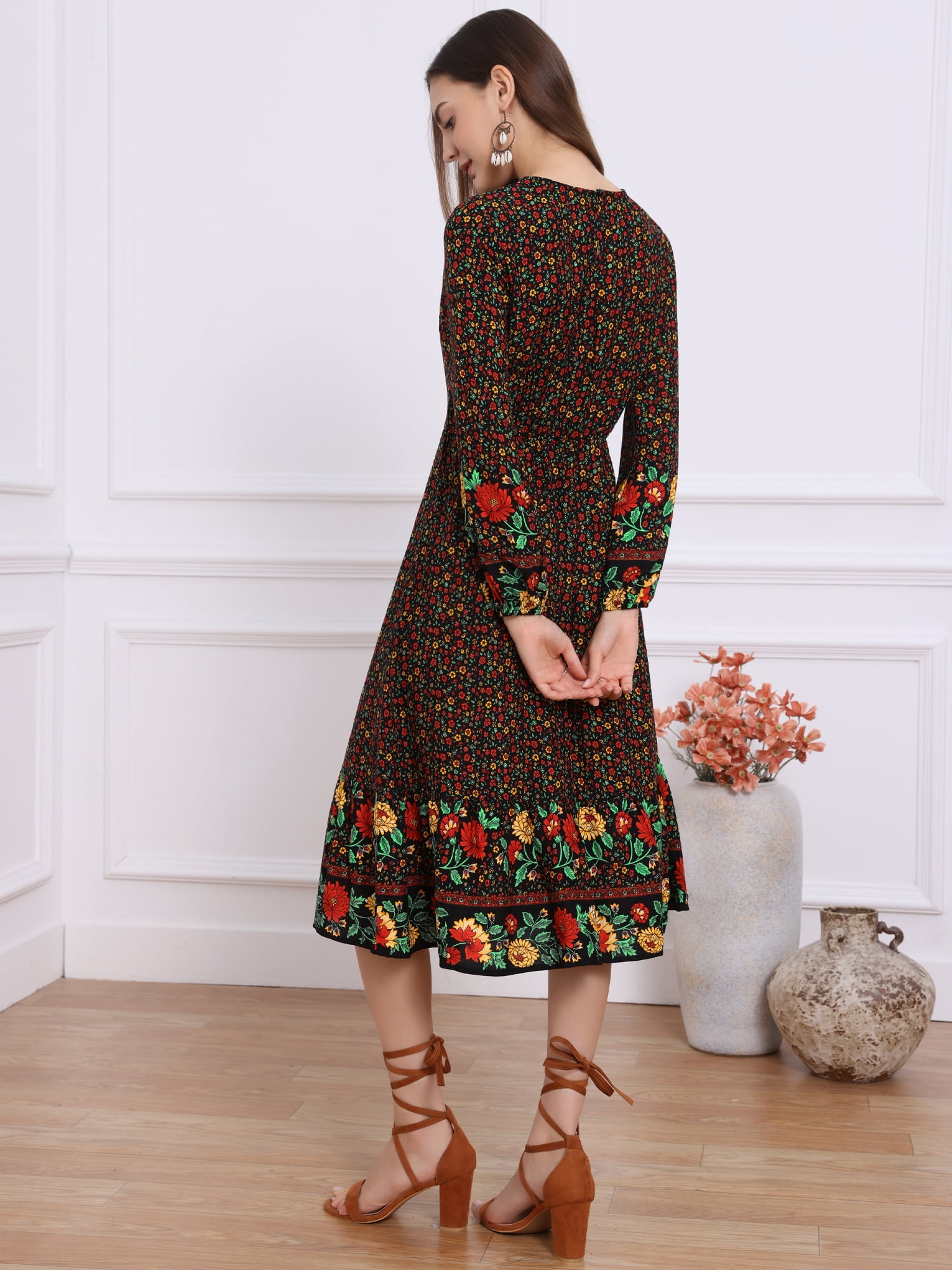 DARING DIVA Women's Boho Floral Long Sleeves Elastic Waist Midi Dresses S Black White