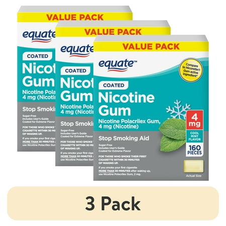 (3 pack) Equate Nicotine Gum 4 mg, Stop Smoking Aid, Mint Flavor, Coated, 160 Count