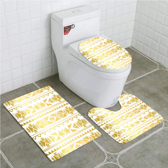 GOHAO Gold and White Abstract Ombre Chevron Vintage Jazz Age Inspired 3 Piece Bathroom Rugs Set Bath Rug Contour Mat and Toilet Lid Cover