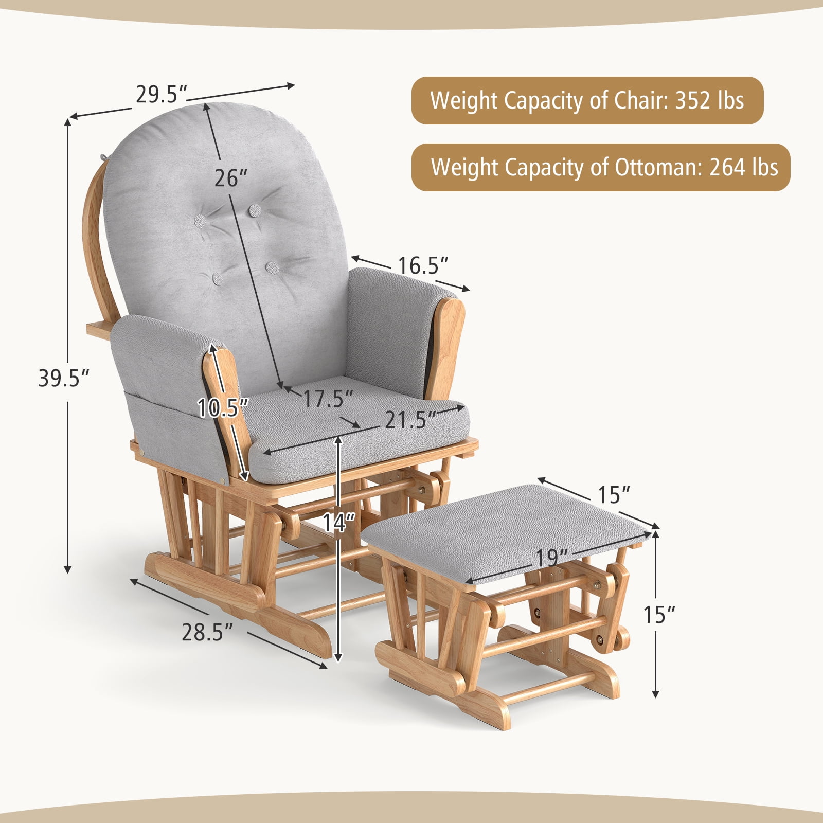 Gymax Glider & Ottoman Cushion Set Wood Baby Nursery Rocking Chair Glider Gray