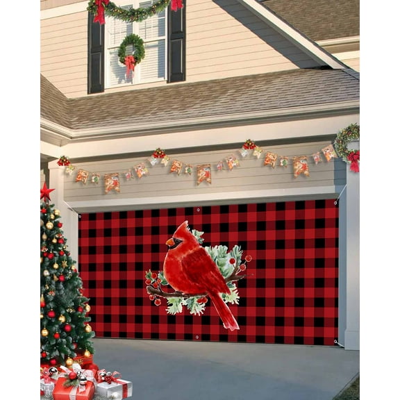 Garage Door Banner Cover 6 x 13 ft, Christmas Robin Red Black Buffalo Plaid Christmas Garage Door Decorations Holiday Christmas Backdrop Decor for Winter New Year Xmas Party