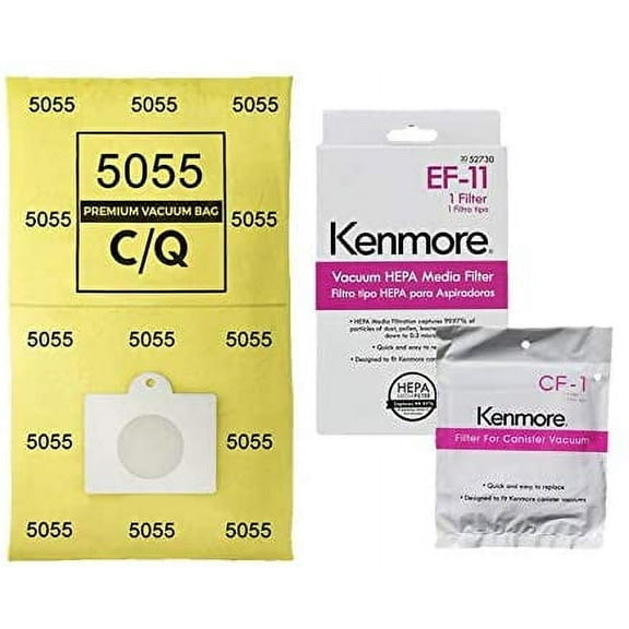 81614 and 81615 Bag and Filter Kit. 12 Bags   1 EF-11   1 CF 1. Compatible with Kenmore 600 Series Bagged Canister Vacuum w/Pet PowerMate. Replaces Part #'s C/Q, 5055, 50558, 50104, 52370, 81002